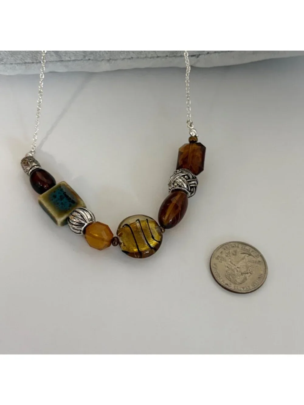 Multicolor Mixed Beaded Necklace Silver Tone Chain Brown Green Silver 17-20 in